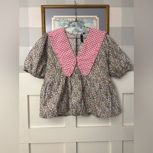 Cotton Romantic Core Floral Blouse with Pink Checkered Collar Size 8